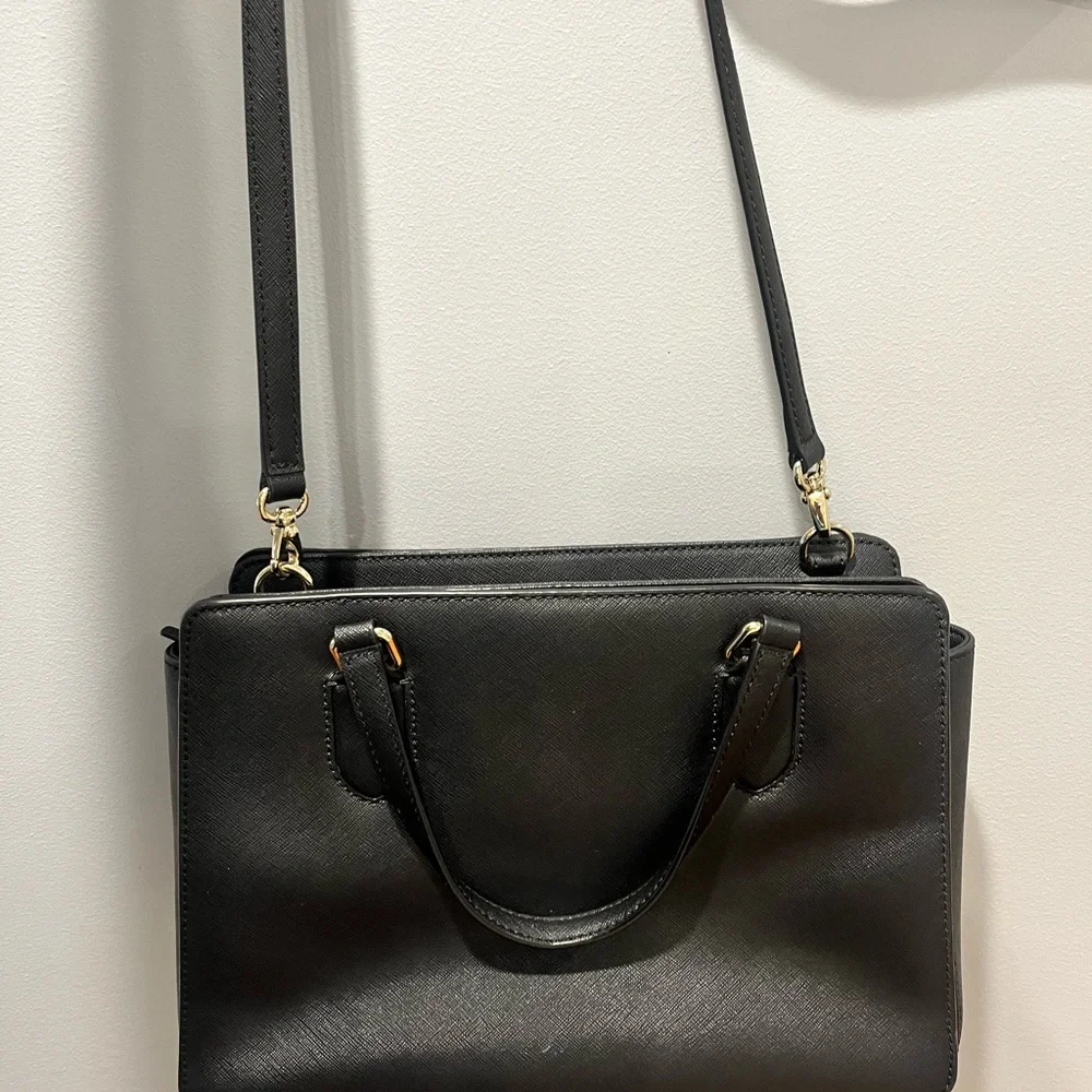 KATE SPADE Saffiano Black Leather Medium Square Tote Bag Purse/Crossbody‎